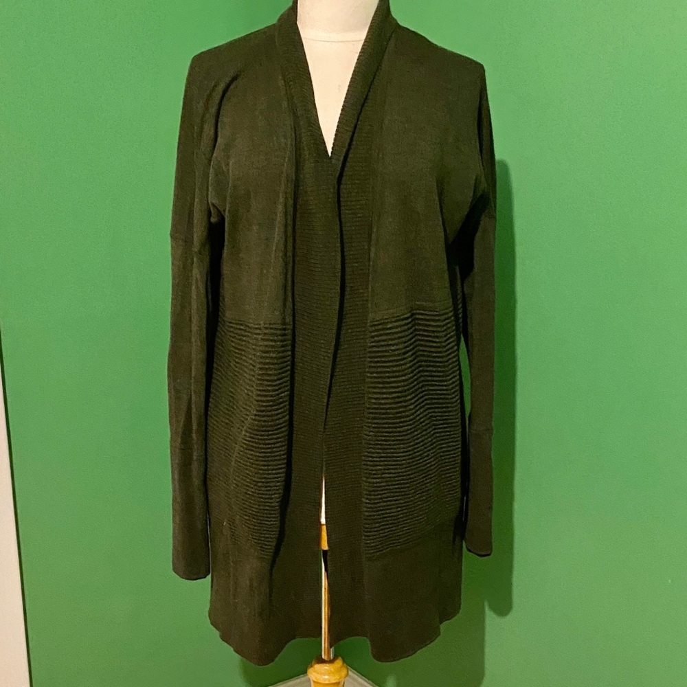 Lululemon 100% merino wool Olive Green split back open midi cardigan